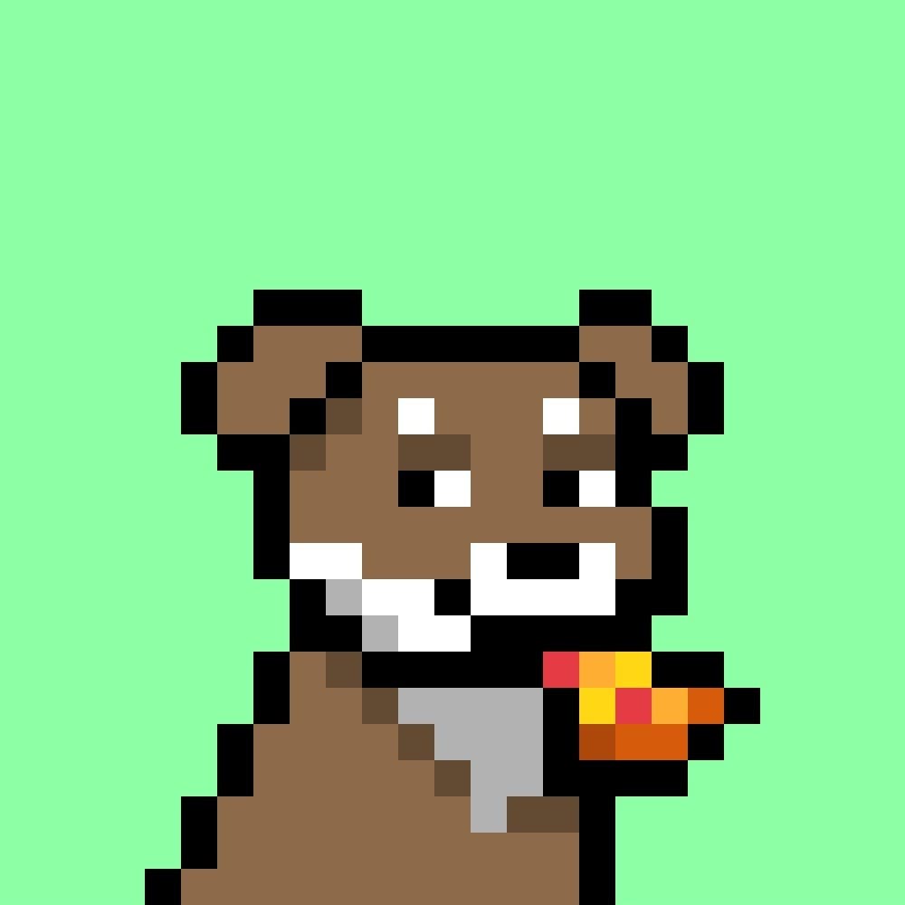 Doginal Dog #857 held by Raf (Rafmeta): brown pixel dog with a pizza on mint green