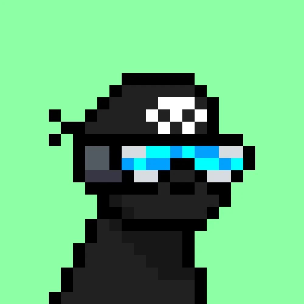 Official Rafmeta mint-background pixel dog with a skull visor and cyan glasses — Raf (@rafmeta)